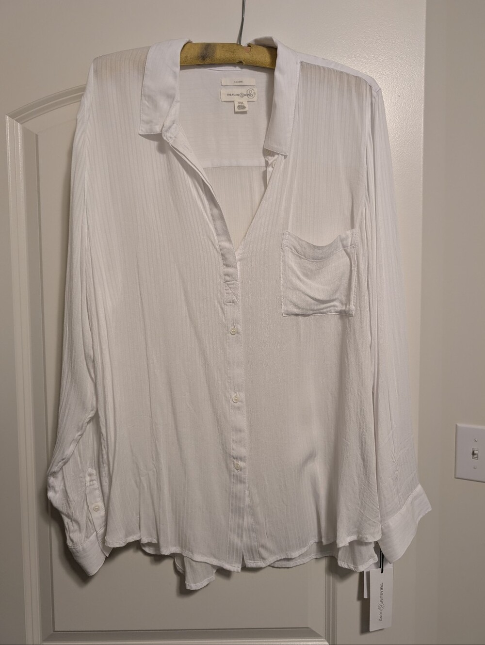 Lightweight White Button-Up Blouse by Treasure And Bond